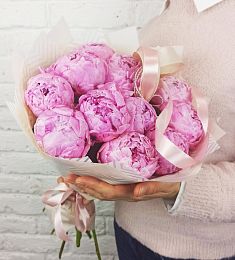 11 розовых голландских пионов в стильном оформлении